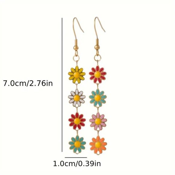 Earrings Flower Enamel Dangle Simple Boho Drop Colorful Retro Fun Trendy Stylish - Picture 5 of 5